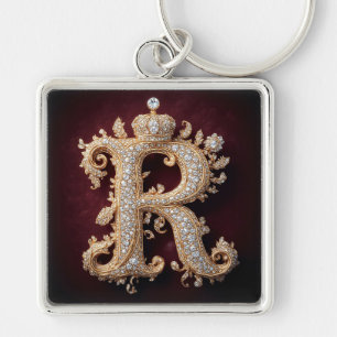 Ornate Gold 'R' Adorned with Diamonds Key Ring
