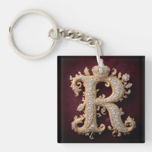 Ornate Gold 'R' Adorned with Diamonds Key Ring
