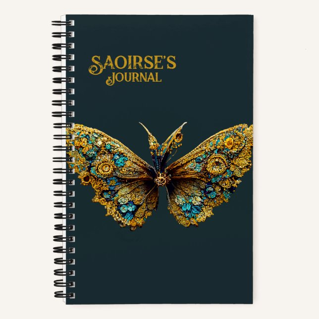 Ornate Gold & Teal Butterfly Small Hardcover Notebook (Front)