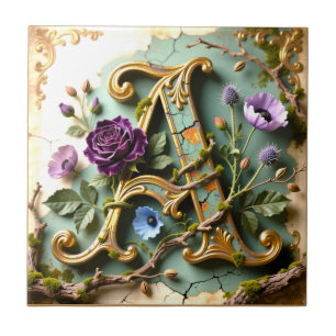 Ornate Gold Teal Letter A Monogram Ceramic Tile
