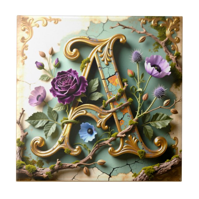 Ornate Gold Teal Letter A Monogram Ceramic Tile (Front)