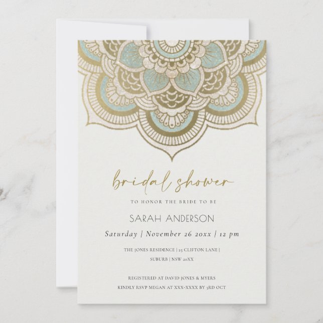 Ornate Gold Teal Mandala Bridal Shower Invite (Front)