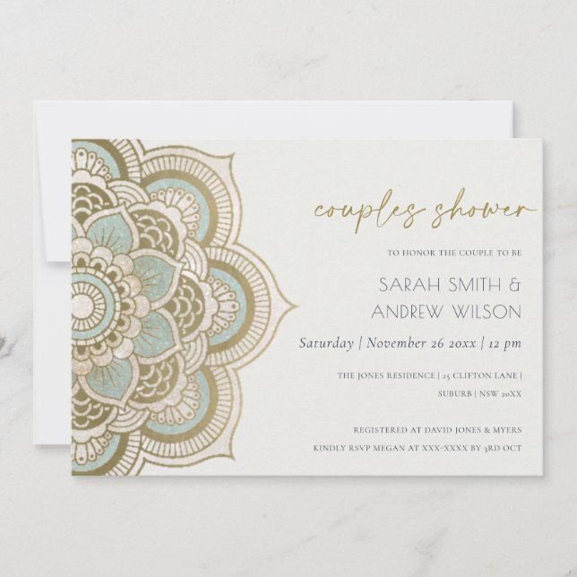 Ornate Gold Teal Mandala Couples Shower Invite (Front)