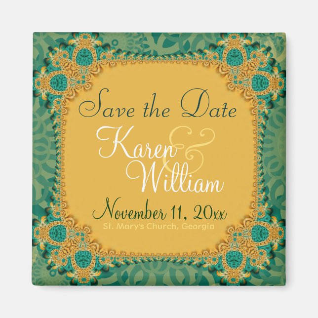 Ornate Gold Teal Save the Date Magnet (Front)