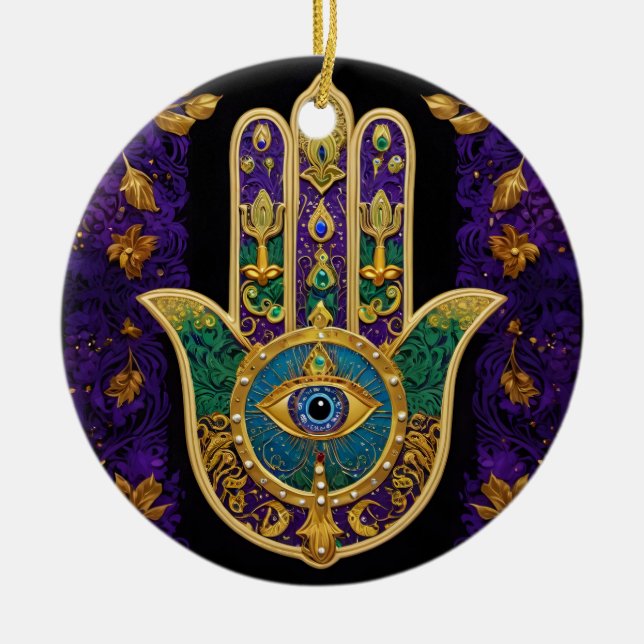  Ornate Gold Third Eye Hamsa Ceramic Ornament (Front)