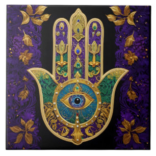 Ornate Gold Third Eye Hamsa Ceramic Tile