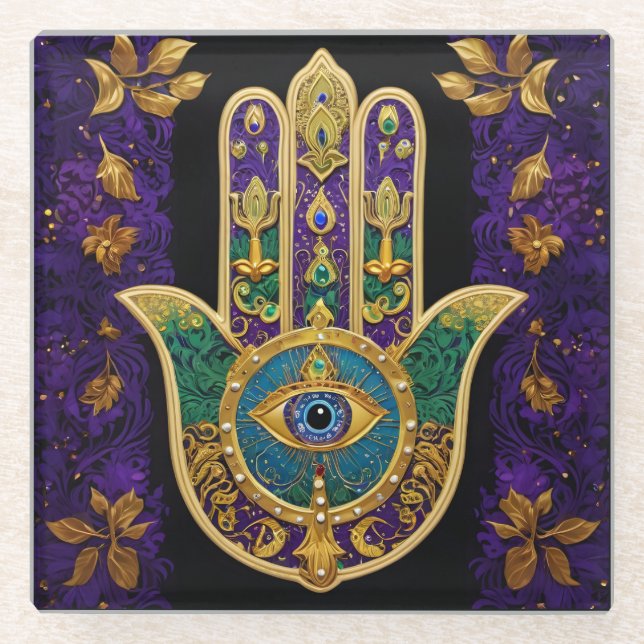  Ornate Gold Third Eye Hamsa Glass Coaster (Front)