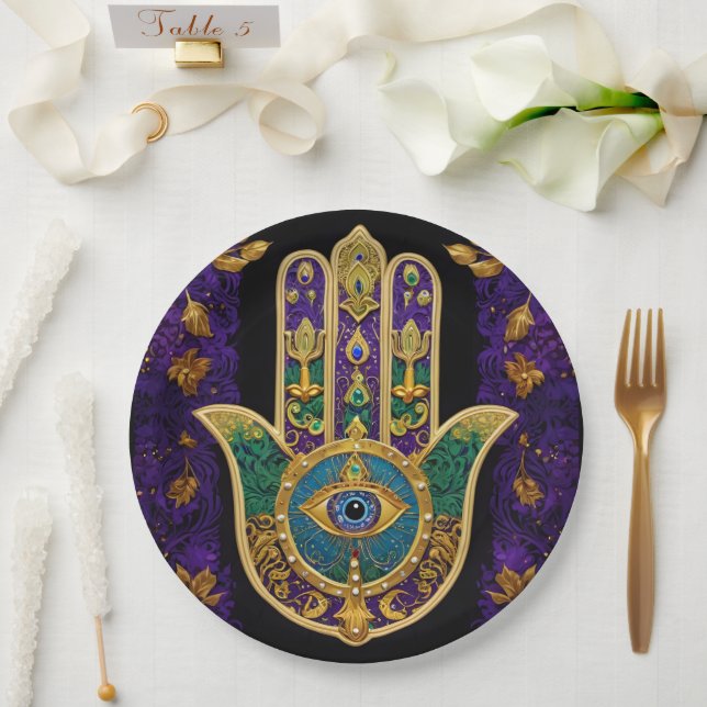 Ornate Gold Third Eye Hamsa Paper Plate (Wedding)