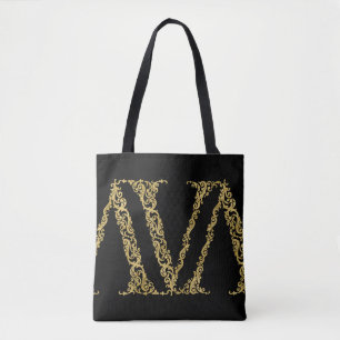 Ornate Gold V Monogram Initial Design on Any Colou Tote Bag
