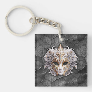 Ornate Gold / White Details on Gray Marble Key Ring