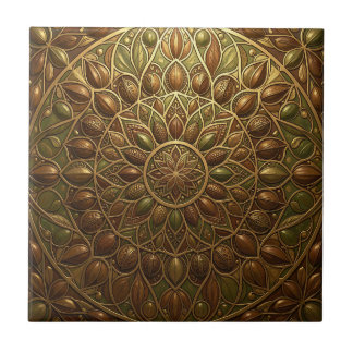 Ornate Golden Bronze Floral Mandala Embossed Ceramic Tile
