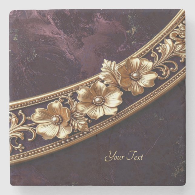Ornate Golden Floral Stone Coaster (Front)