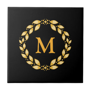 Ornate Golden Leaved Roman Wreath Monogram - Black Ceramic Tile