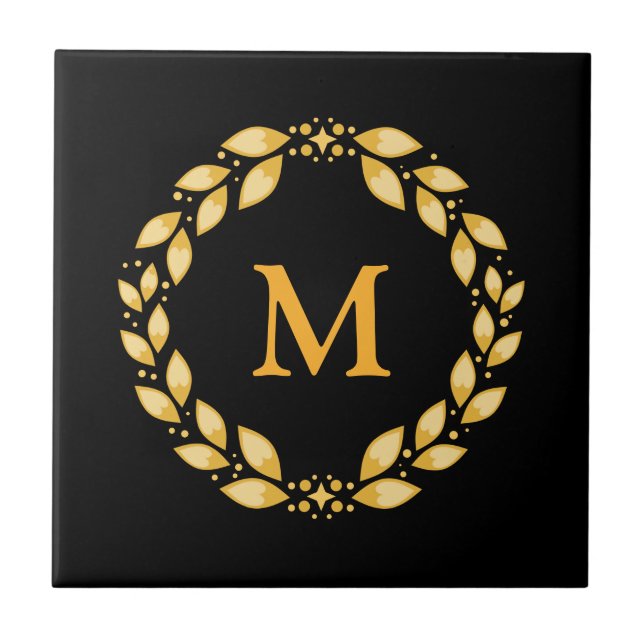 Ornate Golden Leaved Roman Wreath Monogram - Black Ceramic Tile (Front)