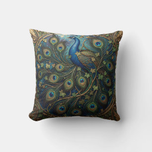 Ornate Golden Peacock Art Nouveau Ivy Cushion