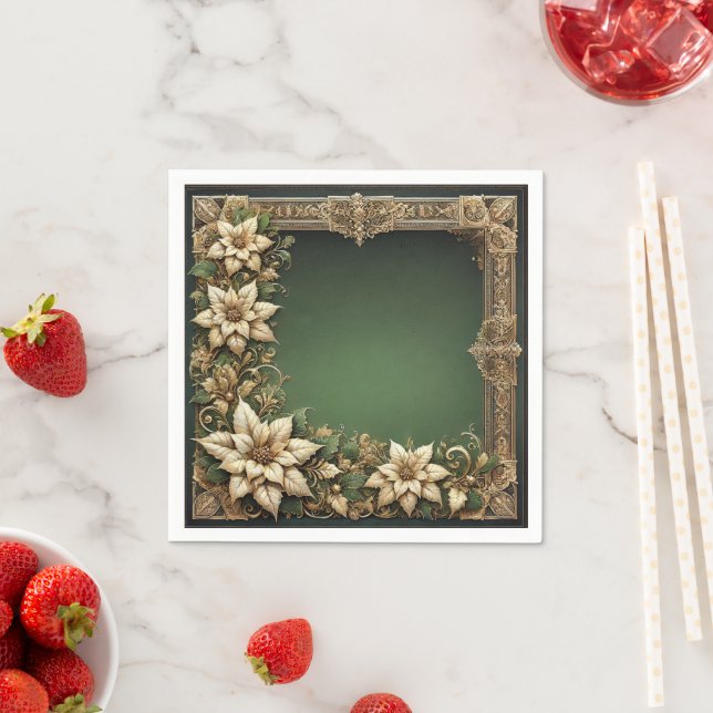 Ornate Golden Poinsettia Border on Green Découpage Napkin (Insitu)