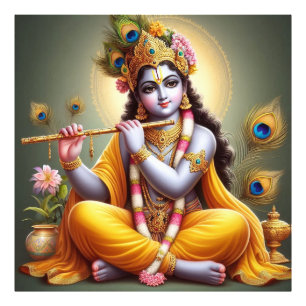 Ornate Golden Serene Krishna Flute Art Photo Print