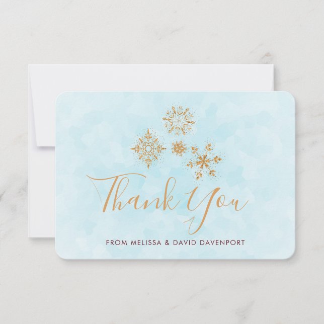 Ornate Golden Snowflakes on Blue, Festive Thank You Card (Front)