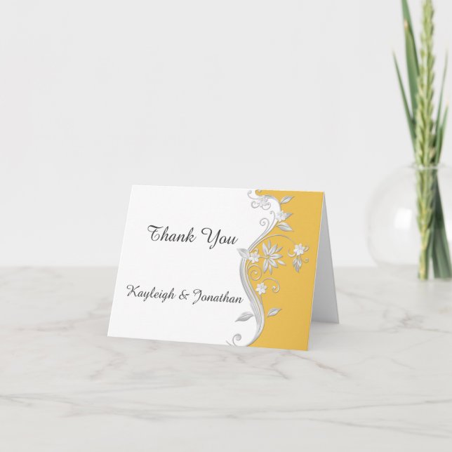 Ornate Golden Yellow Silver White Floral Thank You Card (Front)