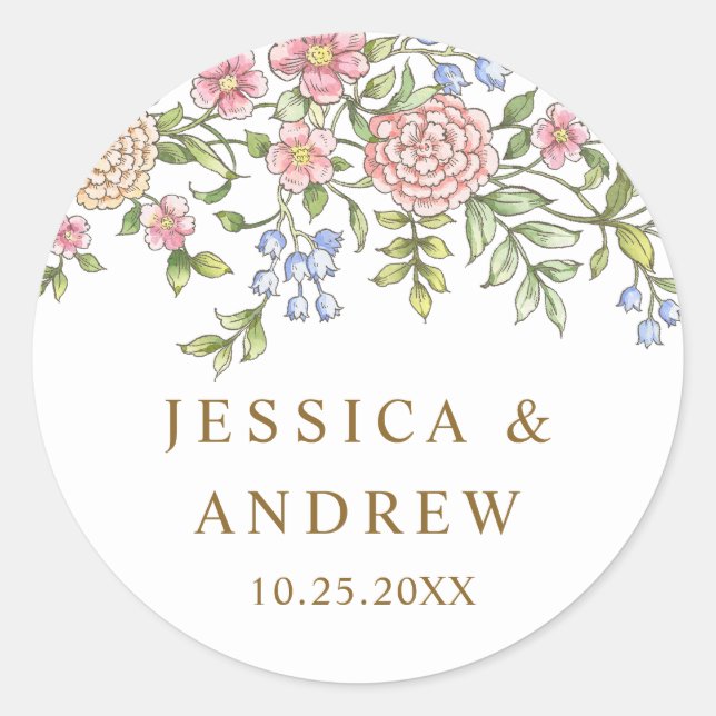 Ornate Grace Pastel Blush Floral Wedding Classic Round Sticker (Front)