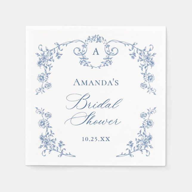 Ornate Grace Victorian Blue Floral Bridal Shower Napkin (Front)