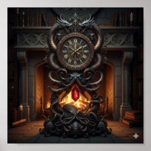 Ornate Grandfather Clock - Dragon & Octopus Design Poster