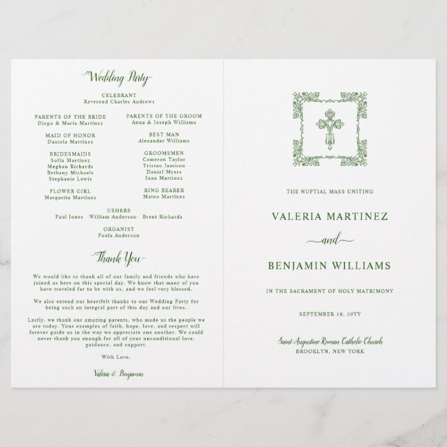 Ornate Green Cross Catholic Wedding Mass Program (Front)