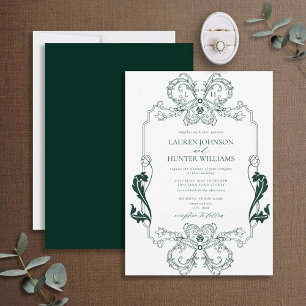 Ornate Green Floral Line Art Monogram Wedding Invitation