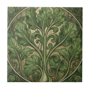 Ornate Green Kale Art Nouveau Ceramic Tile