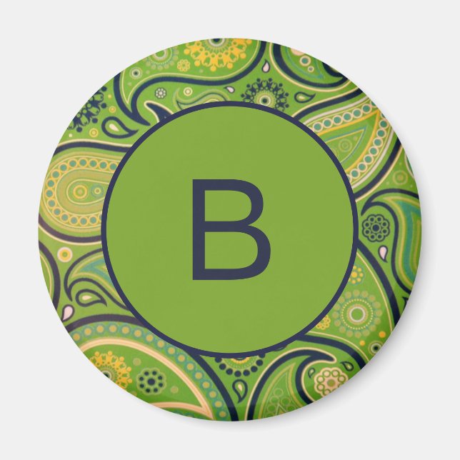 Ornate Green Paisley Pattern Monogram Magnet (Front)