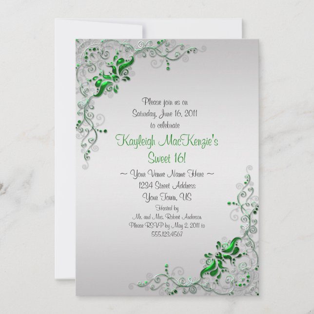 Ornate Green Silver Swirls on Silver Sweet 16 Invitation (Front)