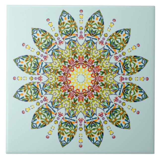 Ornate Green Yellow Mandala Ceramic Tile (Front)