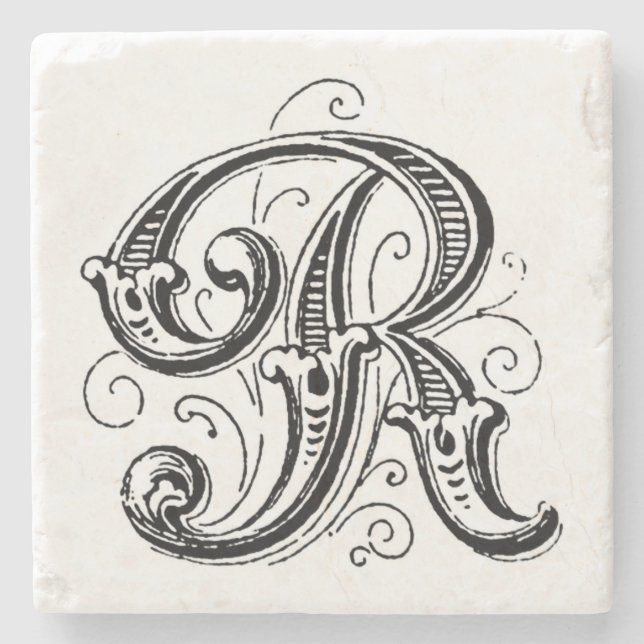 Ornate Grey Monogram ‘R’ Stone Coaster (Front)