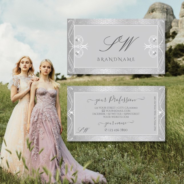 Ornate Grey Silver Mosaic Sparkle Jewels Initials Business Card (Creator Uploaded)