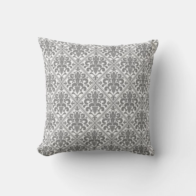 Ornate Grey White Damask Cushion (Front)