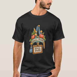 Ornate Hall Pass School Teacher Apples Pencils T-Shirt