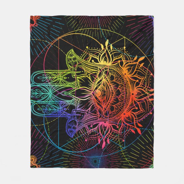 Ornate hamsa: hand-drawn neon pattern. fleece blanket (Front)
