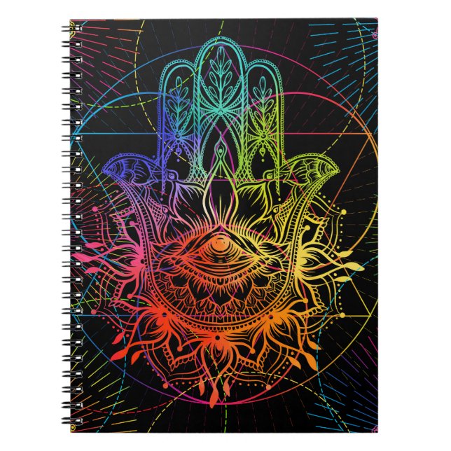 Ornate hamsa: hand-drawn neon pattern. notebook (Front)