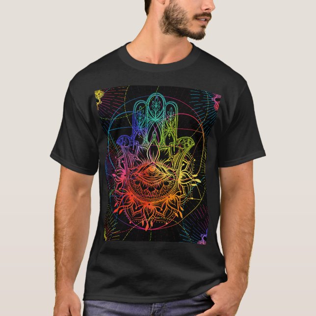 Ornate hamsa: hand-drawn neon pattern. T-Shirt (Front)