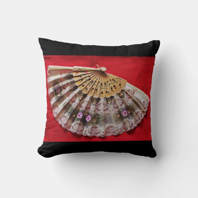 Ornate Hand Held Fan on a Red Background Cushion (Front)
