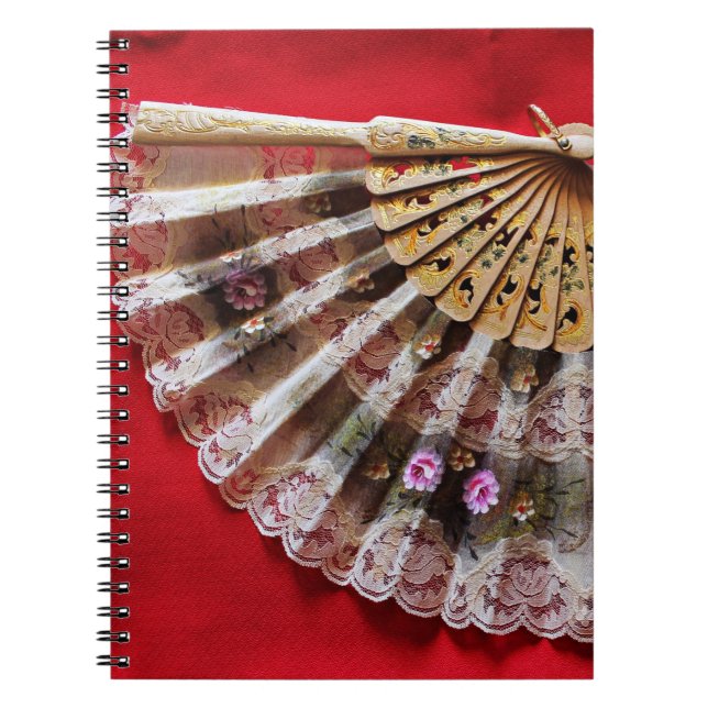Ornate Hand Held Fan on a Red Background Notebook (Front)