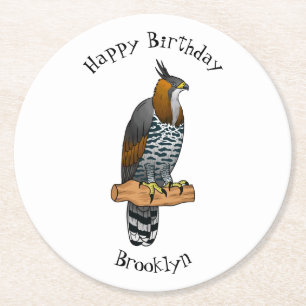 Ornate hawk eagle bird cartoon illustration round paper coaster