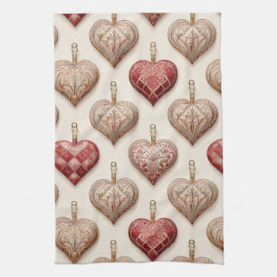 Ornate Heart Ornaments - Baroque & Quilted (1) Tea Towel