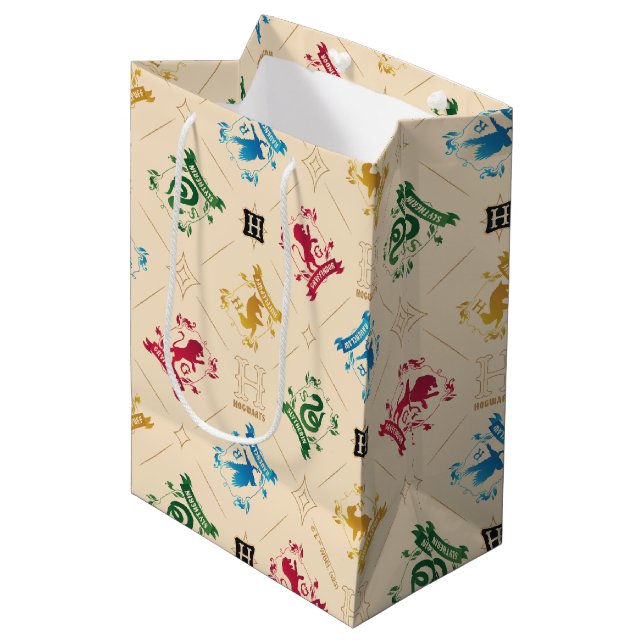 Ornate HOGWARTS™ House Crests Pattern Medium Gift Bag (Front Angled)