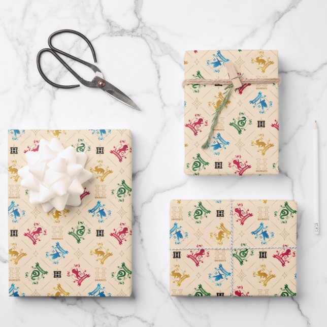 Ornate HOGWARTS™ House Crests Pattern Wrapping Paper Sheet (Front)