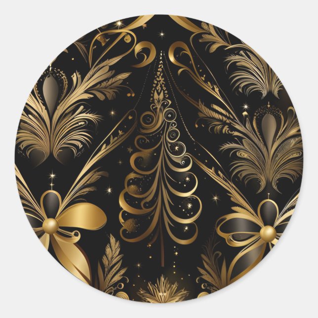 Ornate Holiday Black And Gold Classic Round Sticker (Front)