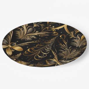 Ornate Holiday Black And Gold Paper Plate