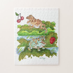 Ornate Horned Frogs Chasing Fruit Art Jigsaw Puzzle