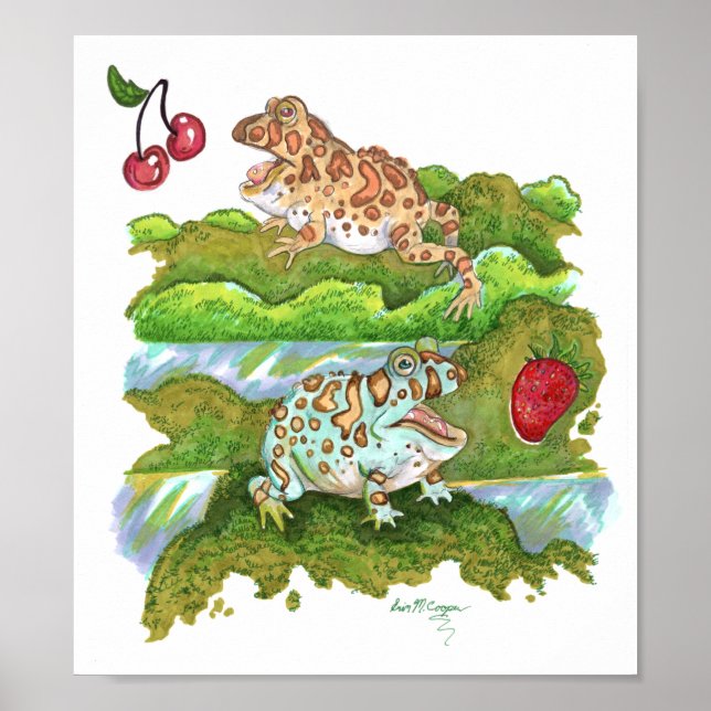 Ornate Horned Frogs Chasing Fruit Poster (Front)