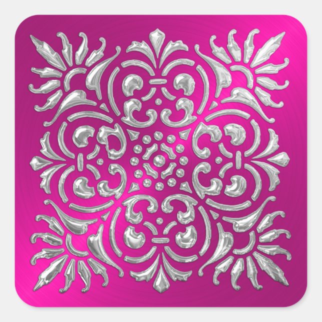 Ornate Hot Pink and Silver Embossed Look Sticker (Front)